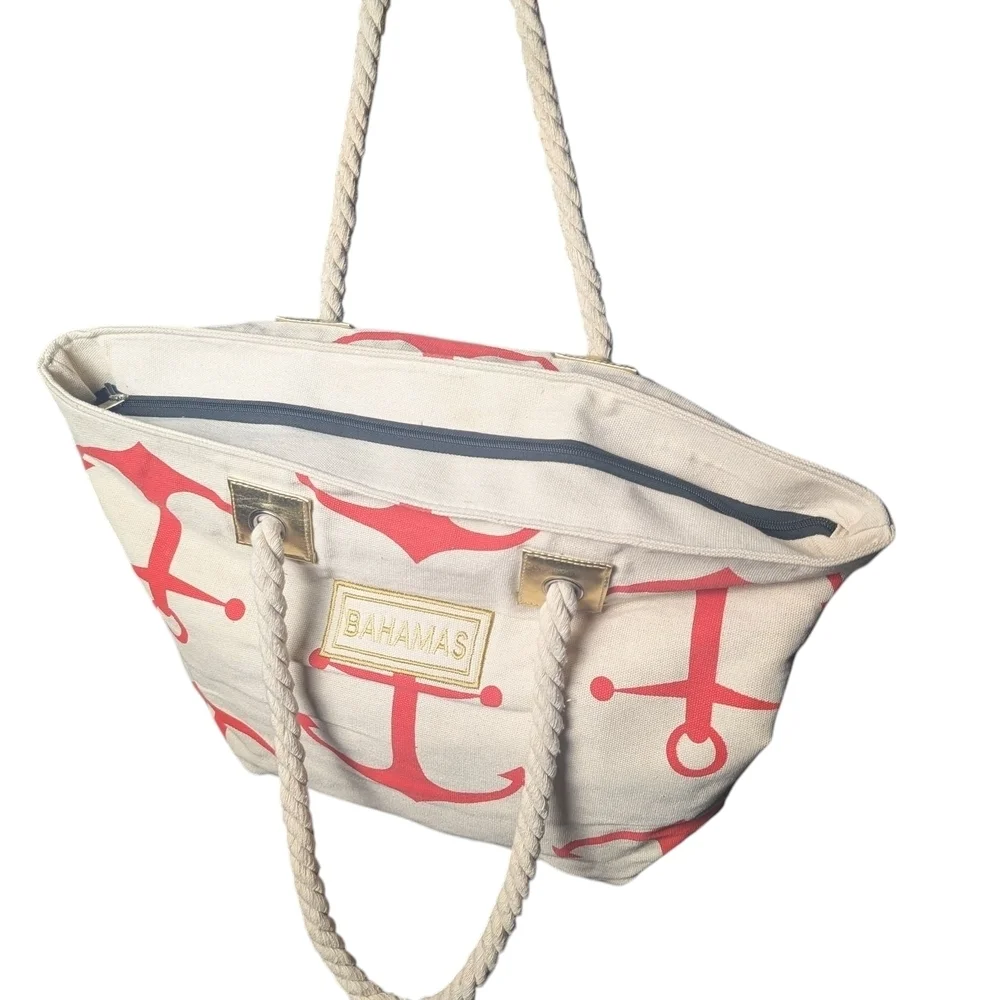 Bahamas XL Anchor Beach Tote Vacation Overnight Bag Coral Gold FLAW SEE BELOW